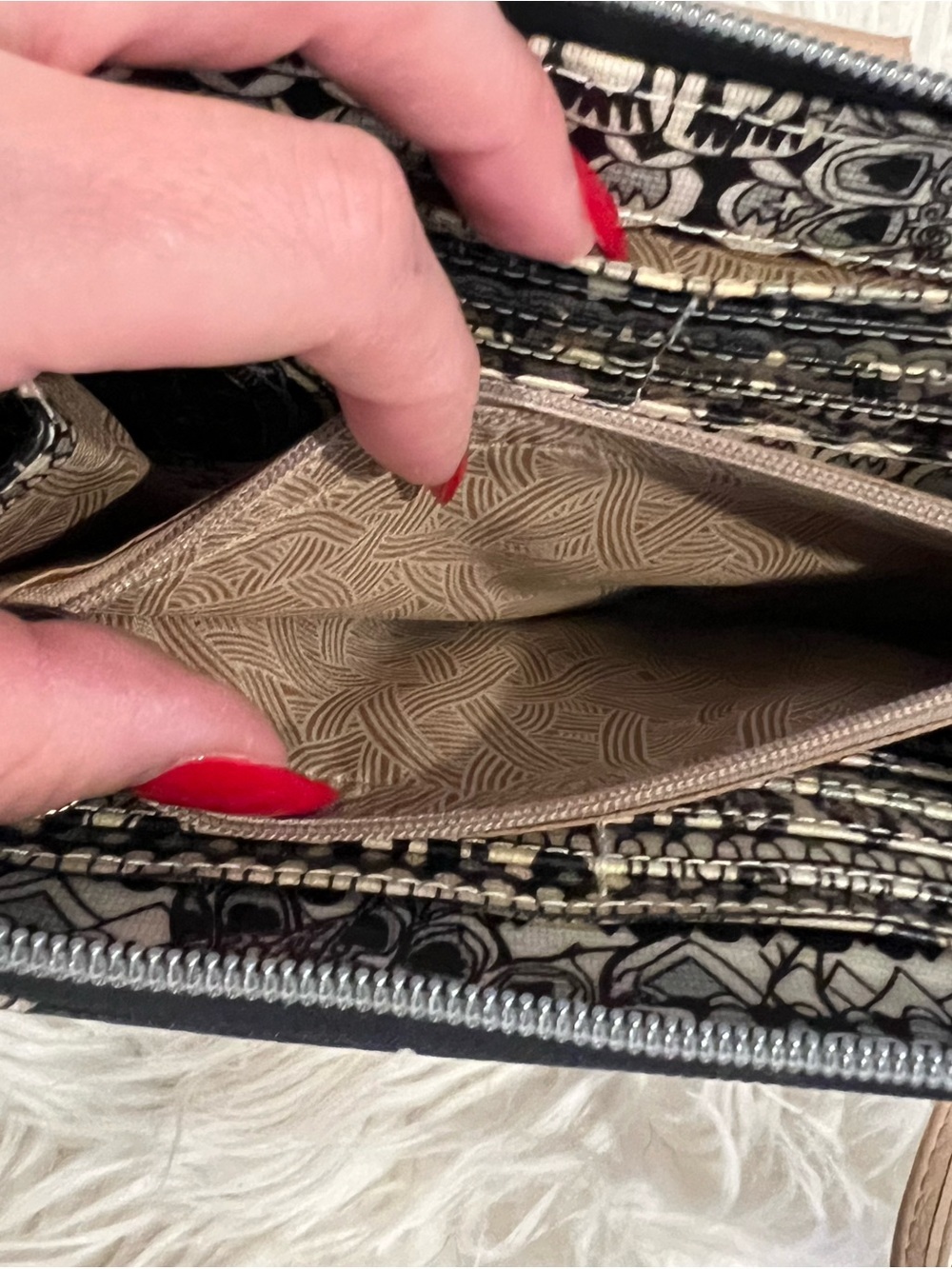 Sakroots Black & Cream Patterned Wristlet with Tan Strap - Picture 2 of 8